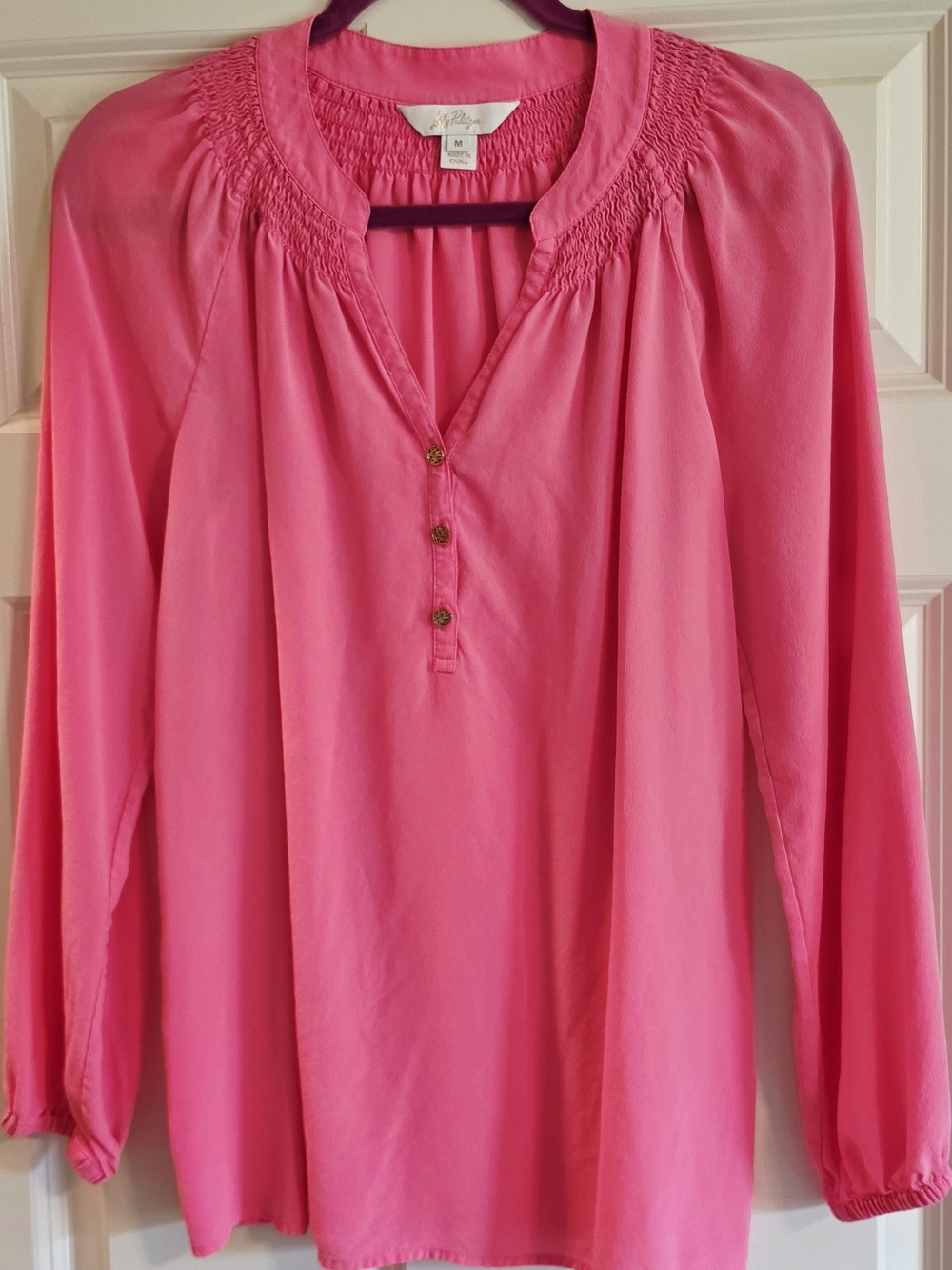Lilly Pulitzer Silk Hot Pink Smocked Yoke Long Sleeve Blouse